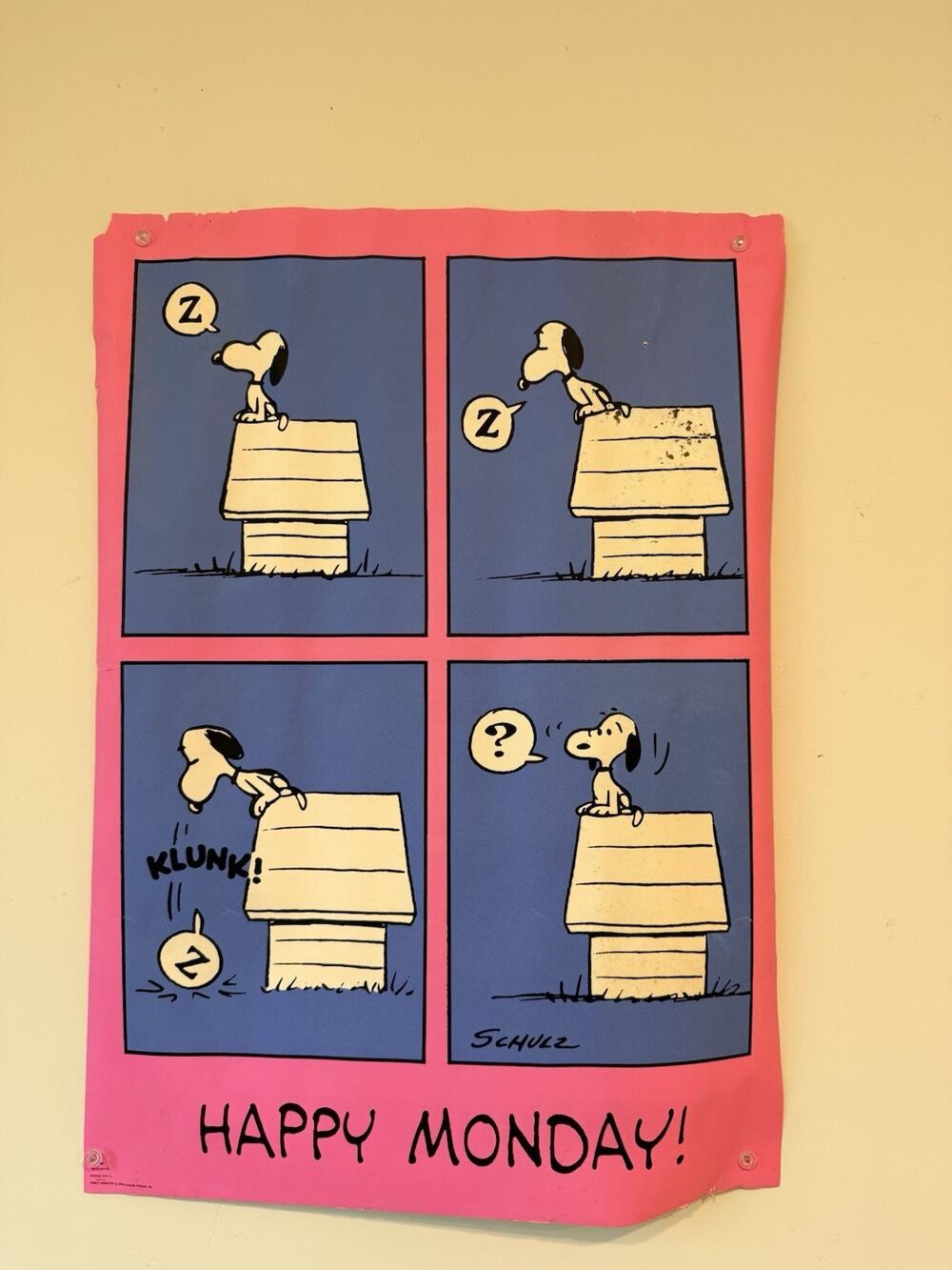 Vintage 1970s Snoopy Peanuts Poster Happy Monday Schulz Hallmark 20" x 28" Rare